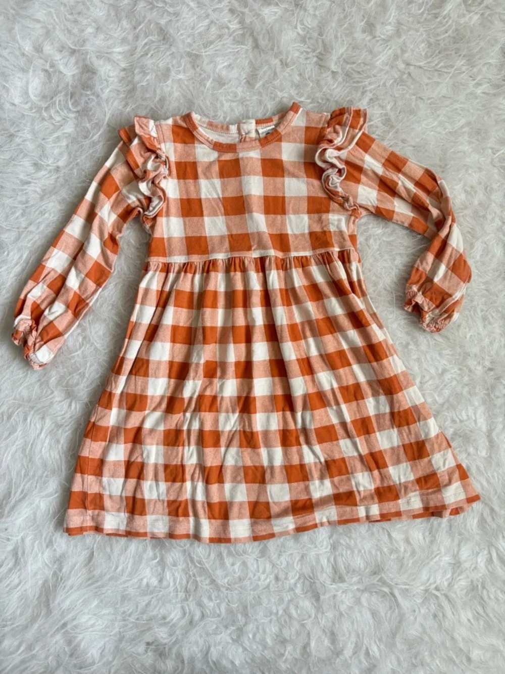 kate quinn Cottagecore Bamboo Orange and Cream Gingham Ruffle-Sleeve Dress